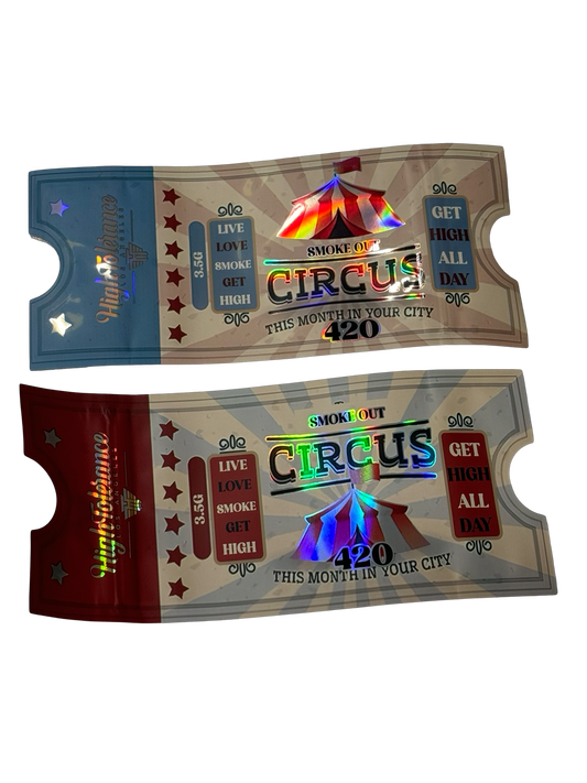 Smoke Out Circus Mylar Bags 3.5g High Tolerance (Only $0.21 Each) — 3.5g pre‑printed mylar bag — overview (front, back & gus…