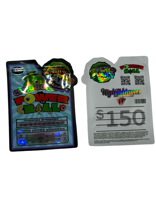 Power Ball Mylar Bags 3.5g High Tolerance — 3.5g pre‑printed mylar bag — overview (front, back & gusset)