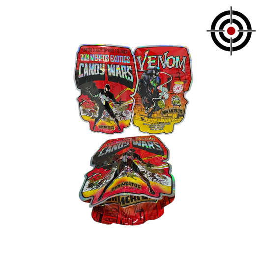 Candy Wars 3.5g Mylar Bags Don Merfos — 3.5g pre‑printed mylar bag — overview (front, back & gusset)