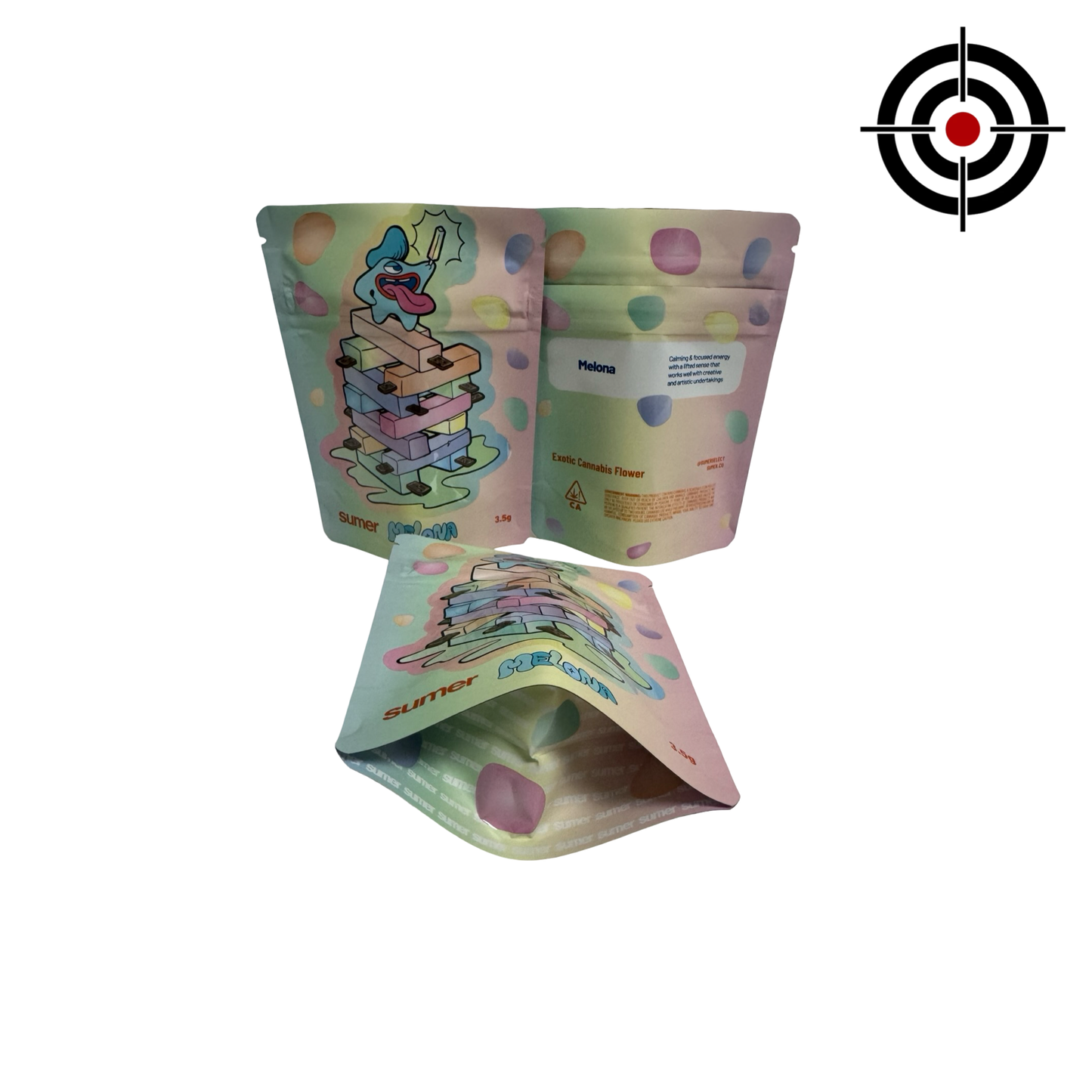 Melona Mylar Bags 3.5g Sumer — 3.5g — pre‑printed mylar bag — overview (front, back & gusset)