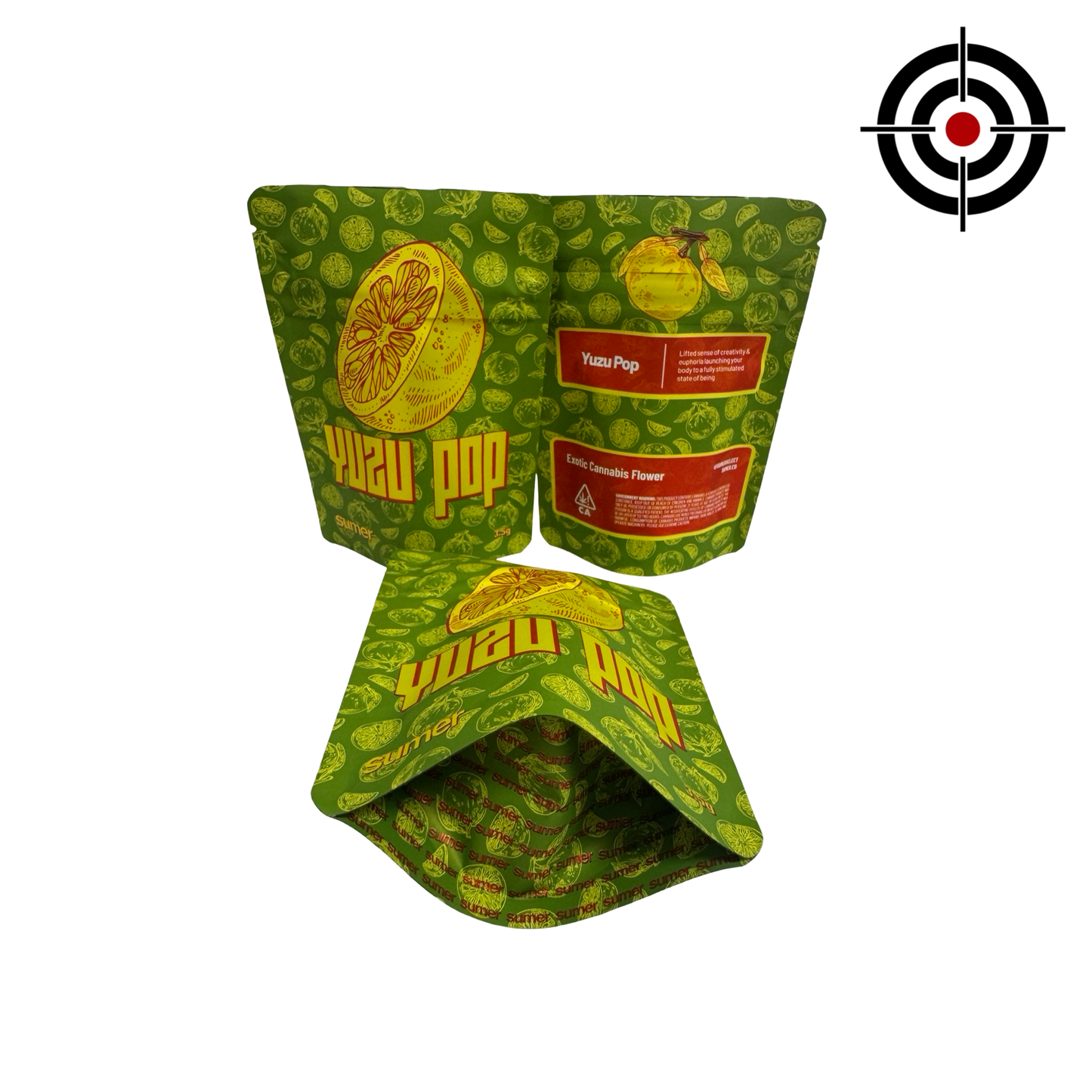 Yuzu Pop Mylar Bags 3.5g Sumer — 3.5g — pre‑printed mylar bag — overview (front, back & gusset)