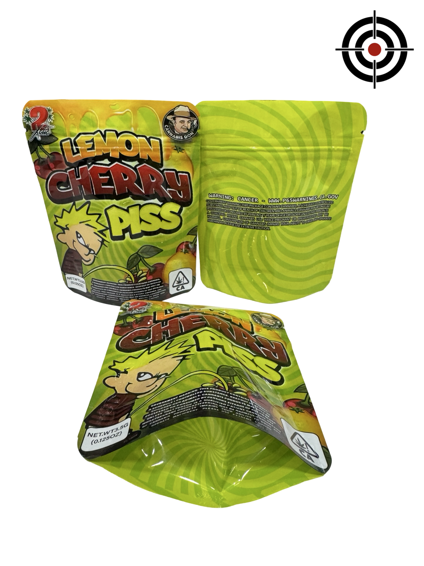 Lemon Cherry Piss Mylar Bags 3.5g 2Xotic — 3.5g pre‑printed mylar bag — overview (front, back & gusset)