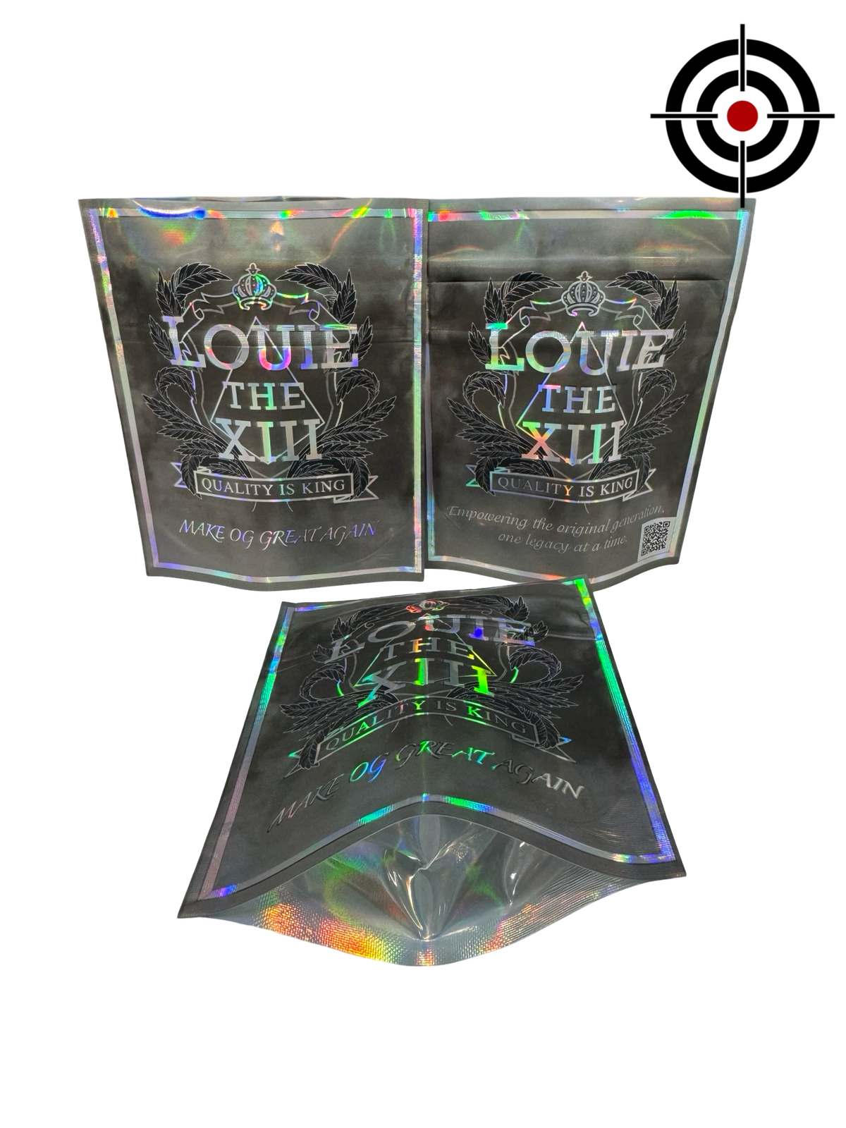 Louie the XIII Mylar Bags 3.5g OG Louie the XIII — 3.5g pre‑printed mylar bag — overview (front, back & gusset)