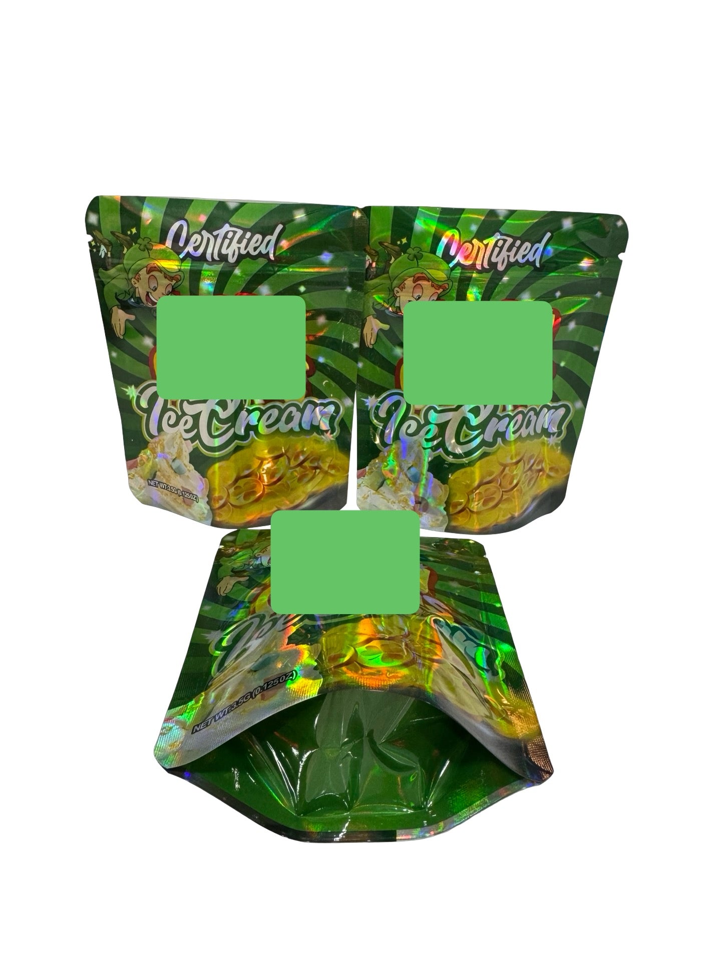 Lucky Charmz Ice Cream Mylar Bags 3.5g Certified (Only $0.21 Each) — 3.5g pre‑printed mylar bag — overview (front, back & gu…