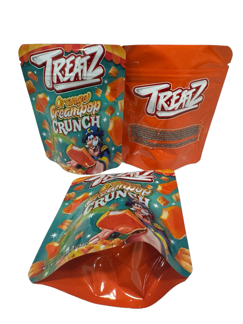 Orange Creampop Crunch 3.5g Mylar Bags Treatz — front, back and standing