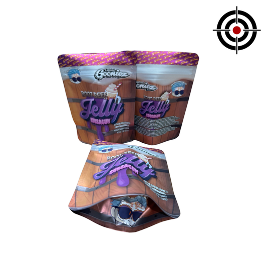 Root Beer Jelly Bubbagum Mylar Bags 3.5g Gooniez — 3.5g pre‑printed mylar bag — overview (front, back & gusset)