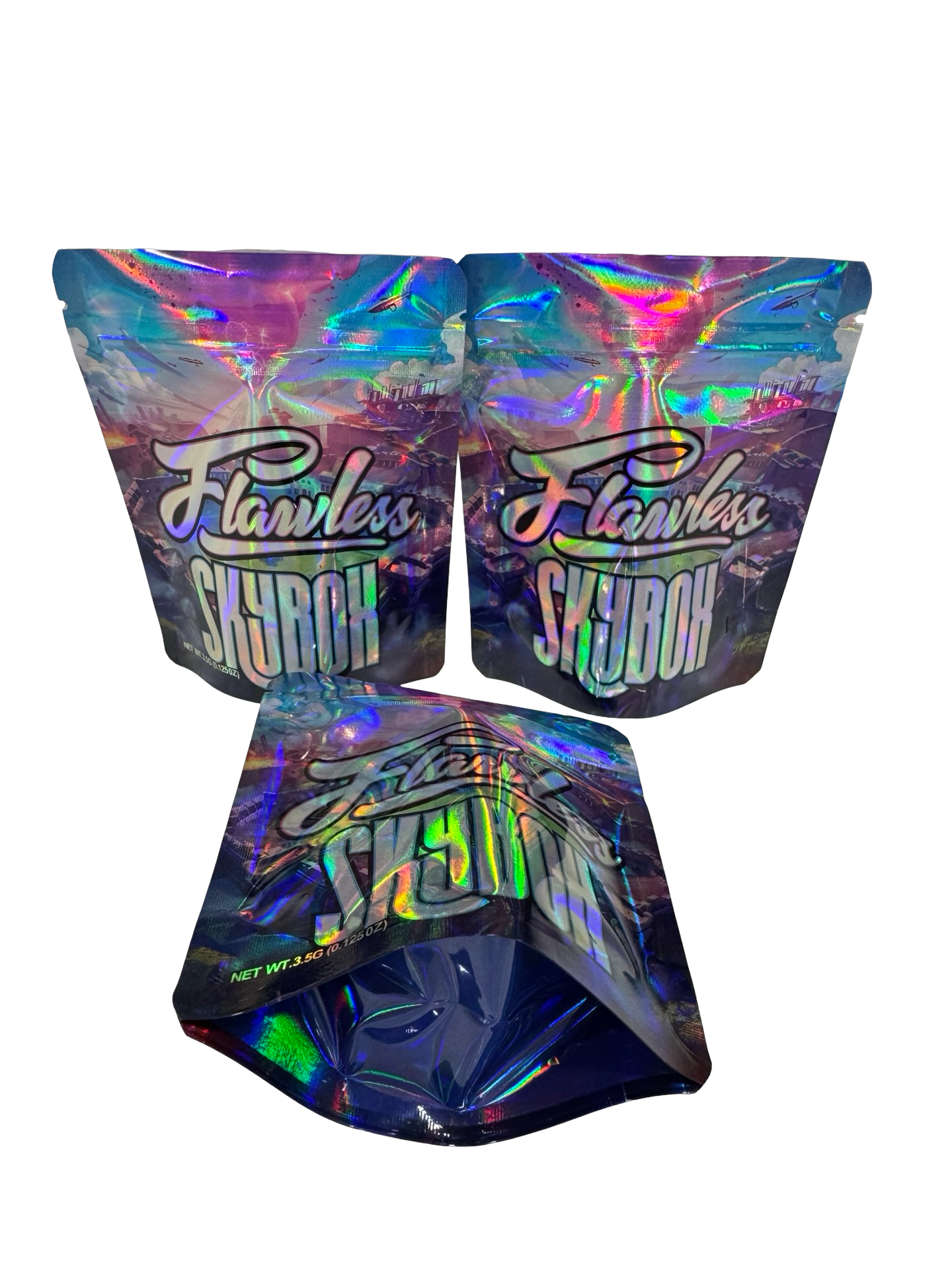Skybox Mylar Bags 3.5g Flawless (Only $0.21 Each) — 3.5g pre‑printed mylar bag — overview (front, back & gusset)