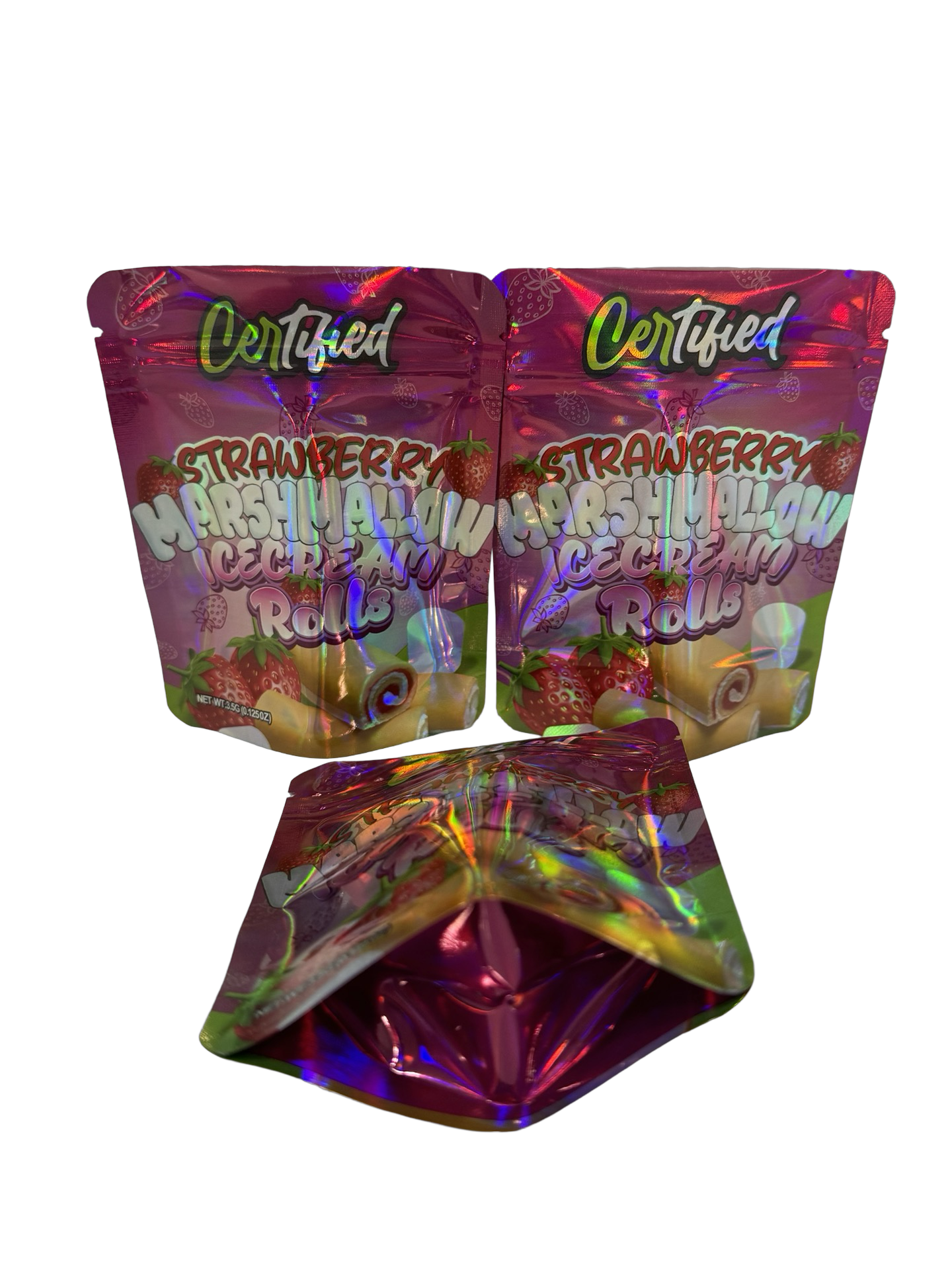 Strawberry Marshmallow Ice Cream Rolls Mylar Bags 3.5g Certified (Only $0.21 Each) — 3.5g pre‑printed mylar bag — overview (…