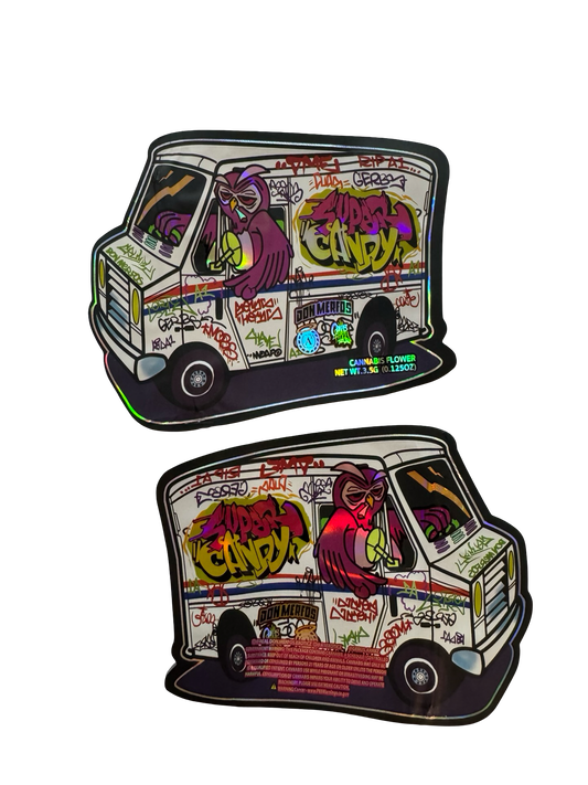 Super Candy Mylar Bags 3.5g Don Merfos (Only $0.21 Each) — 3.5g pre‑printed mylar bag — overview (front, back & gusset)