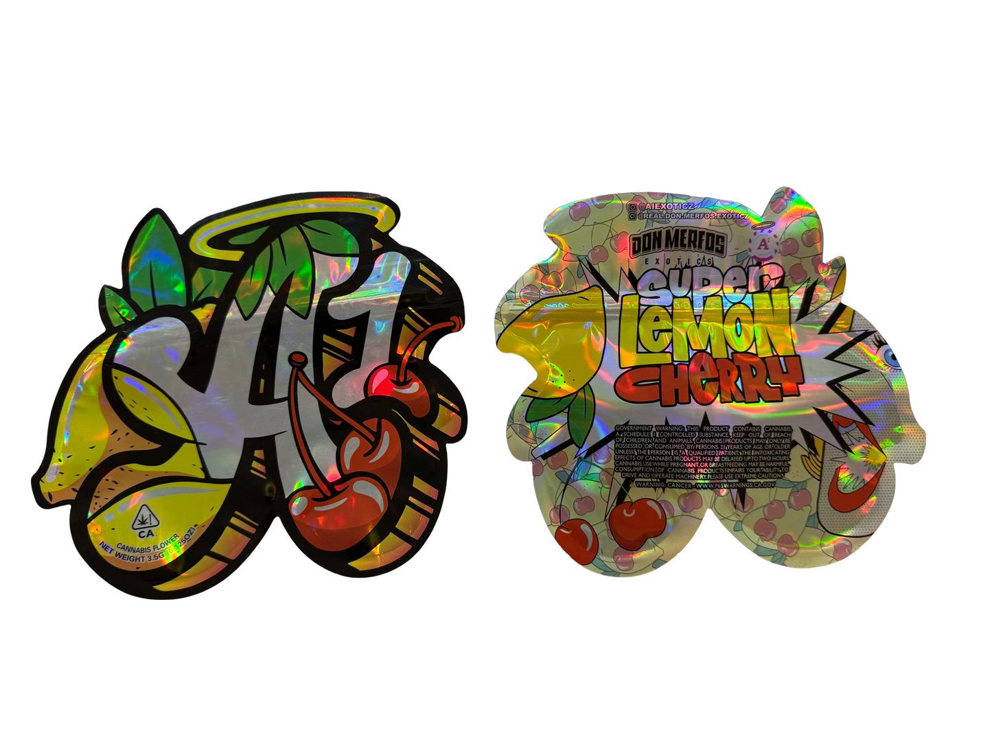 Super Lemon Cherry Mylar Bags 3.5g Don Merfos — 3.5g pre‑printed mylar bag — overview (front, back & gusset)