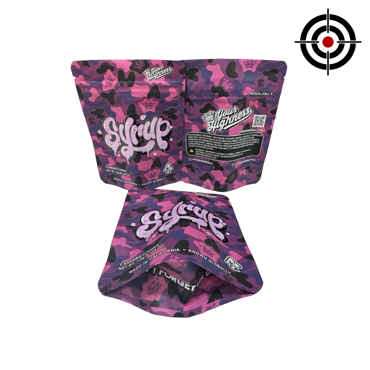 Syrup Mylar Bags 3.5g Your Highness — 3.5g pre‑printed mylar bag — overview (front, back & gusset)