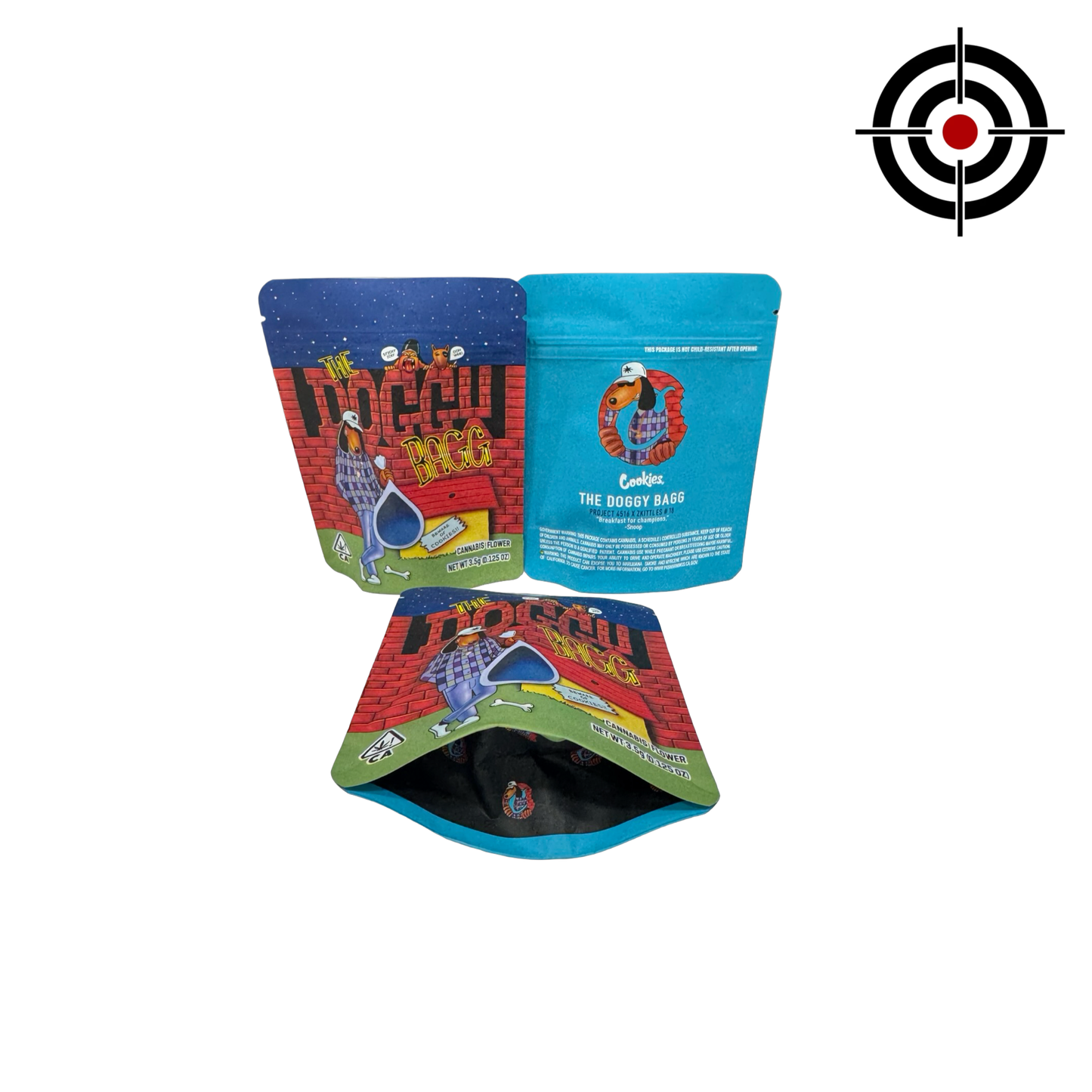 The Doggy Bagg Mylar Bags 3.5g Cookies — 3.5g pre‑printed mylar bag — overview (front, back & gusset)