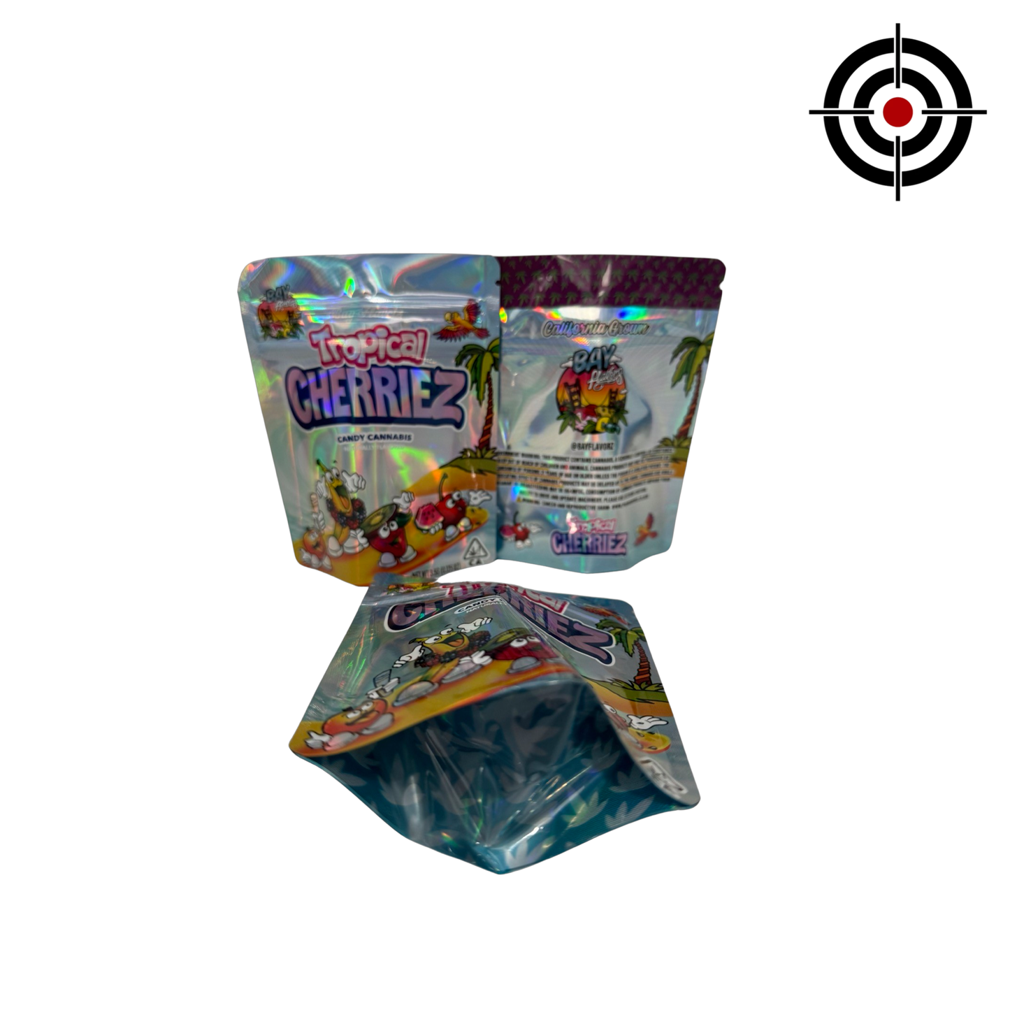 Tropical Cherriez Mylar Bags 3.5g Bay Flavors — 3.5g pre‑printed mylar bag — overview (front, back & gusset)