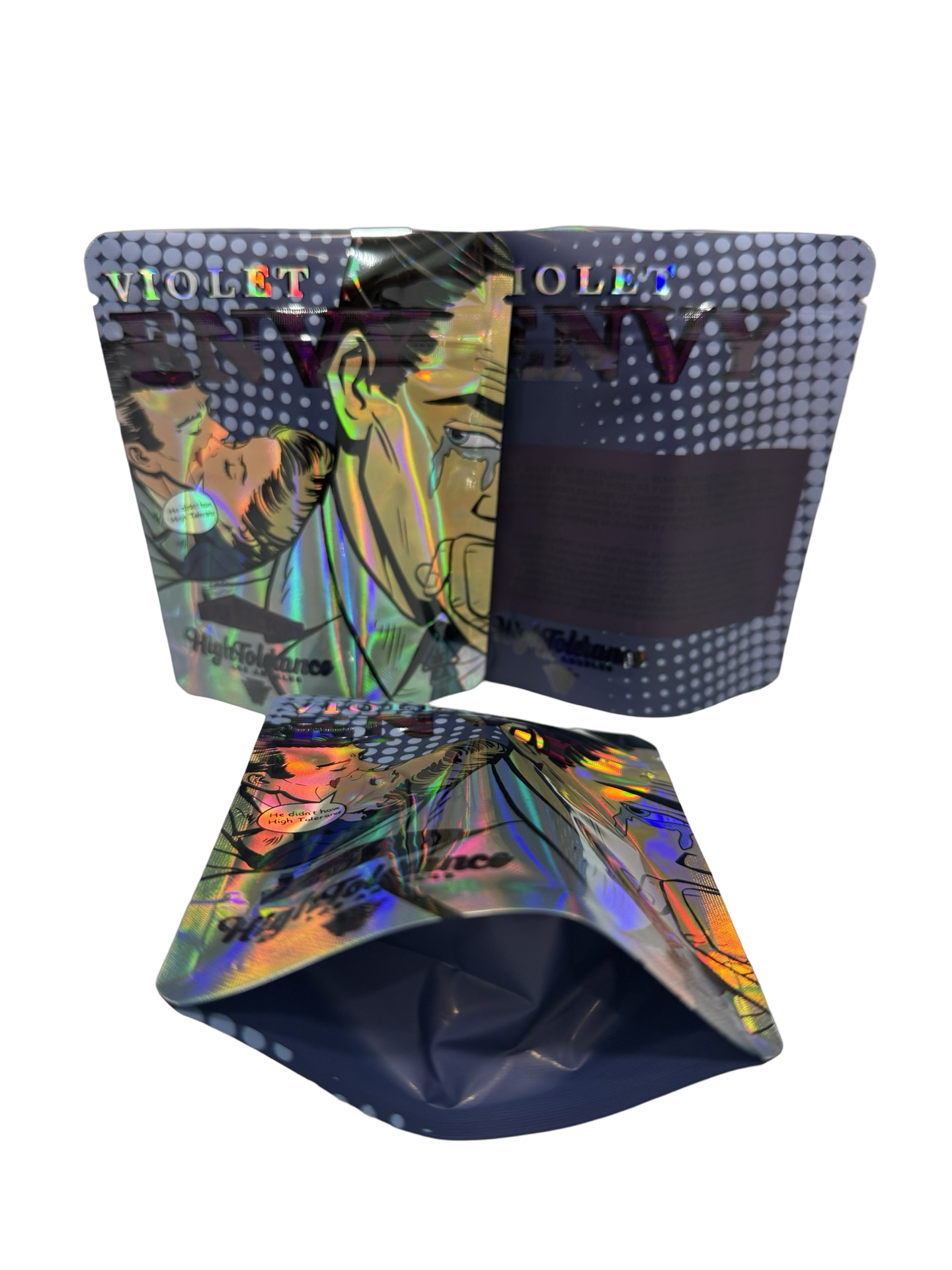 Violet Envy Mylar Bags 3.5g High Tolerance — 3.5g pre‑printed mylar bag — overview (front, back & gusset)