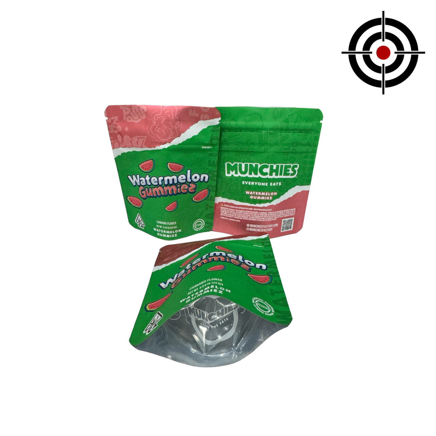 Watermelon Gummiez Mylar Bags 3.5g Munchies — 3.5g pre‑printed mylar bag — overview (front, back & gusset)