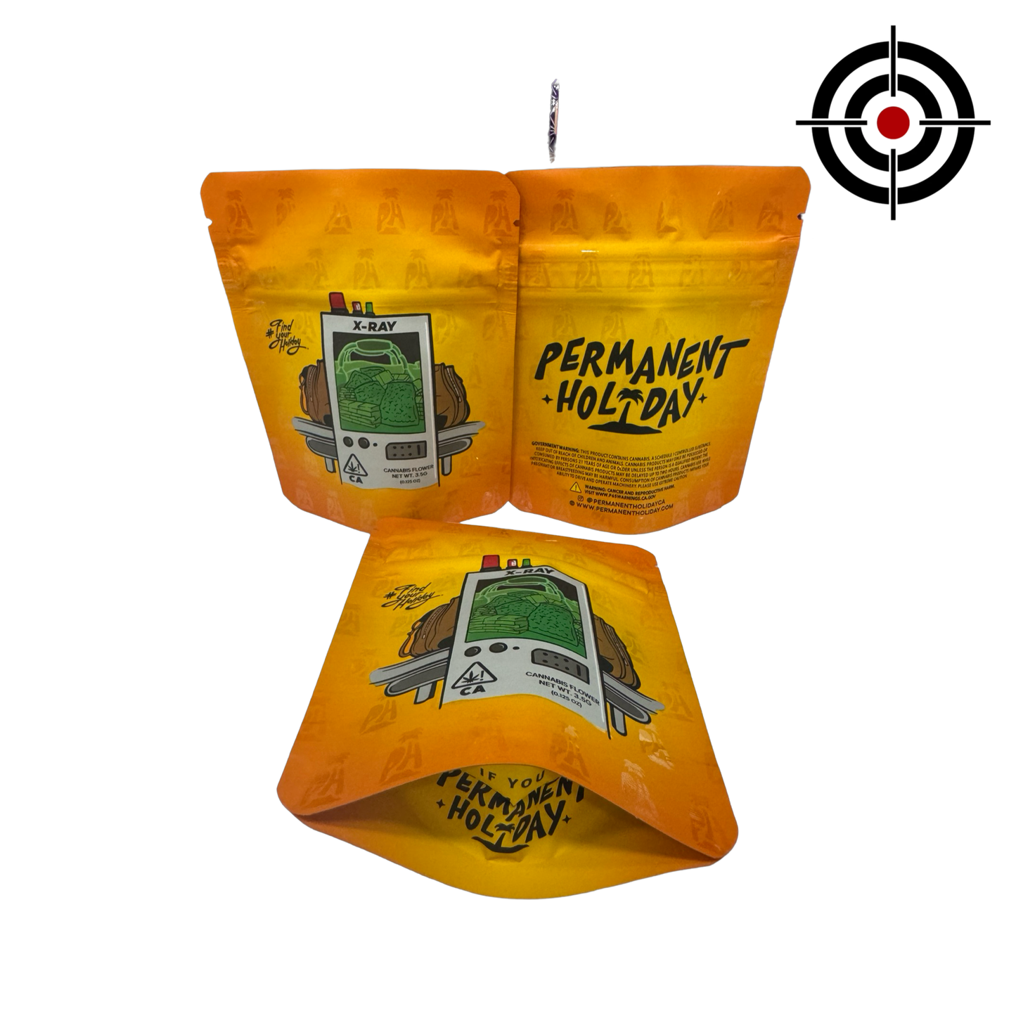 X-Ray Mylar Bags 3.5g Permanent Holiday — 3.5g pre‑printed mylar bag — overview (front, back & gusset)