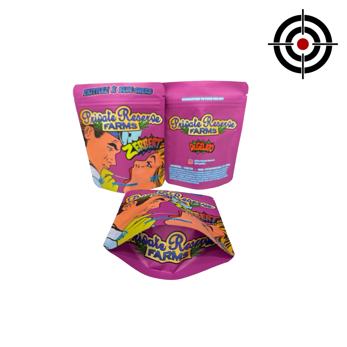 Zerbert Mylar Bags 3.5g Private Reserve Farms — 3.5g pre‑printed mylar bag — overview (front, back & gusset)