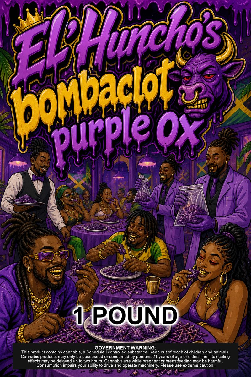 El'Huncho's bombaclot ๐ฎ purple ox custom 6x9 pound bag sticker / turkey-bag flavor label