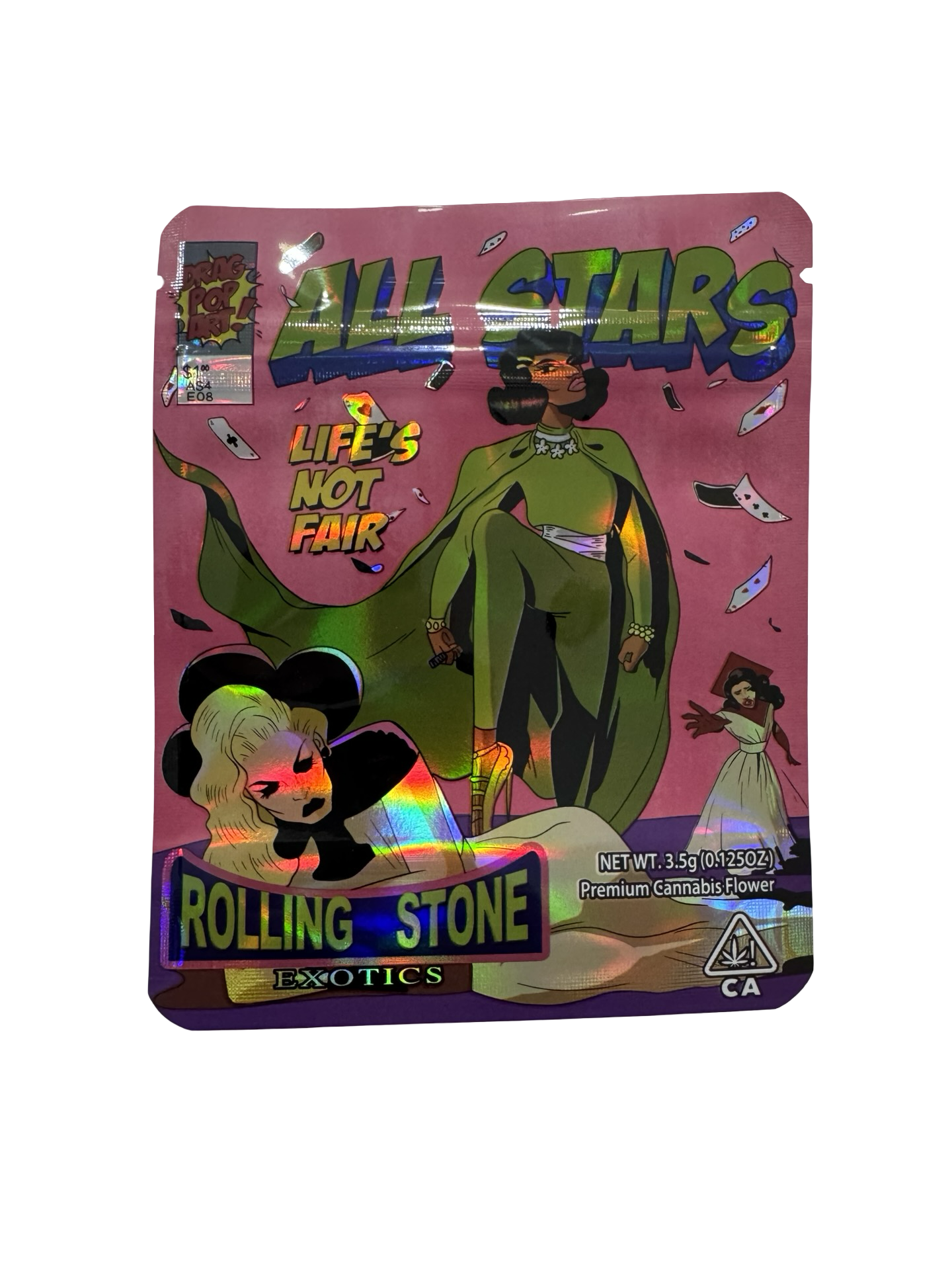 All Stars 3.5g mylar bag, 4×5 in — Rolling Stone Exotics, holographic with spot-UV — front