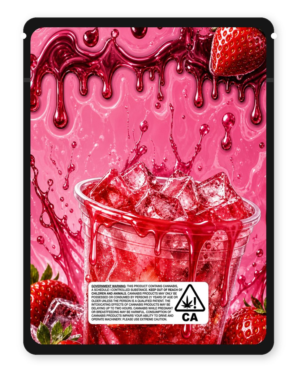 Strawberry Dirty Syrup custom 4"x5" mylar bag design (back)