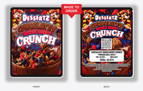 Chocolatey Mixed Berry Crunch 3.5g Mylar Bags Dessertz - Front and Back View on Black Bag