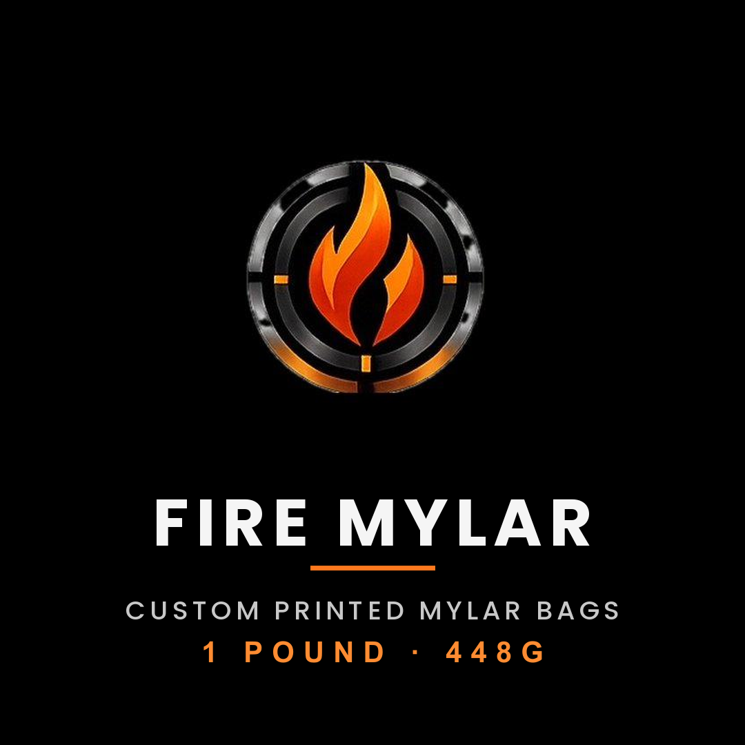 Custom 1 pound mylar bags — full-face sticker — Fire Mylar