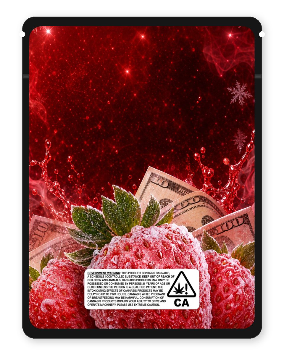 Strawberry Frost custom 4"x5" mylar bag design (back)