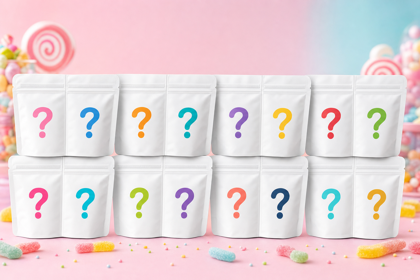 All 8 mystery designs — white dual chamber mylar bags, each with a different question mark color combo