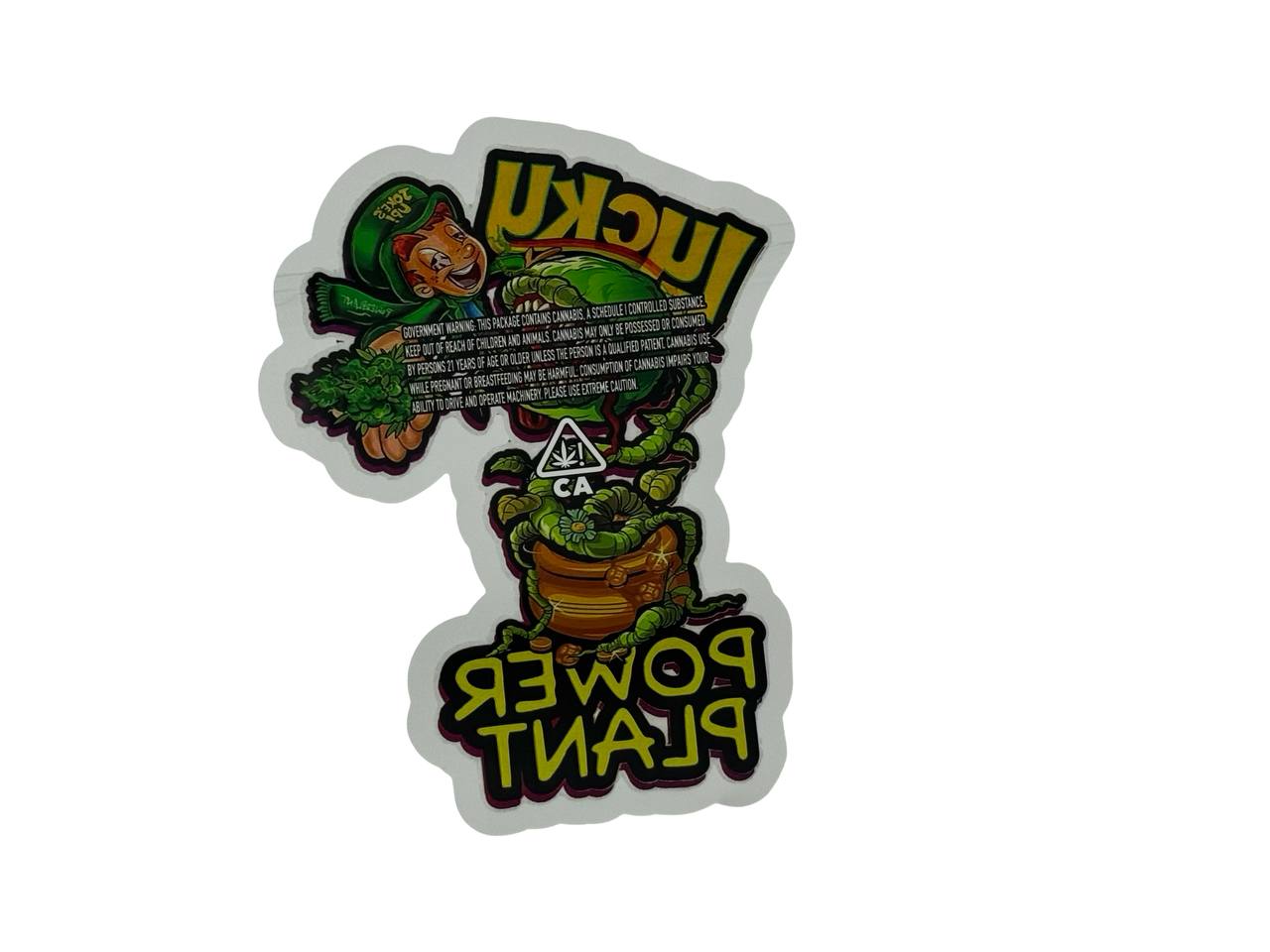 Lucky Power Plant 3.5g mylar bag back β die-cut character silhouette, government warning text