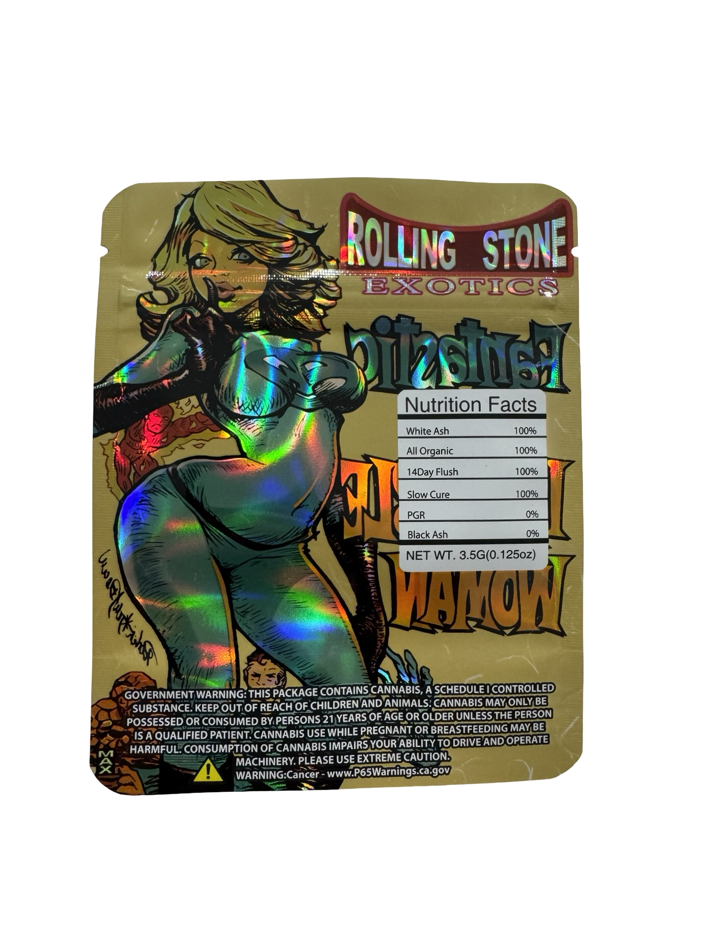 F4 3.5g mylar bag, 4×5 in — Rolling Stone Exotics — back with zipper, tear notch