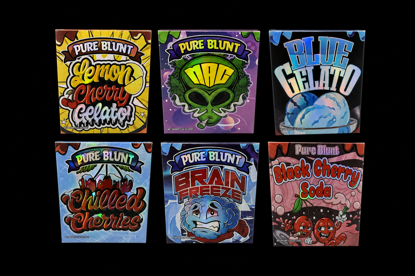 All six Pure Blunt 3.5g mylar bag and box designs — Lemon Cherry Gelato, MAC, Blue Gelato, Chilled Cherries, Brain Freeze and Black Cherry Soda