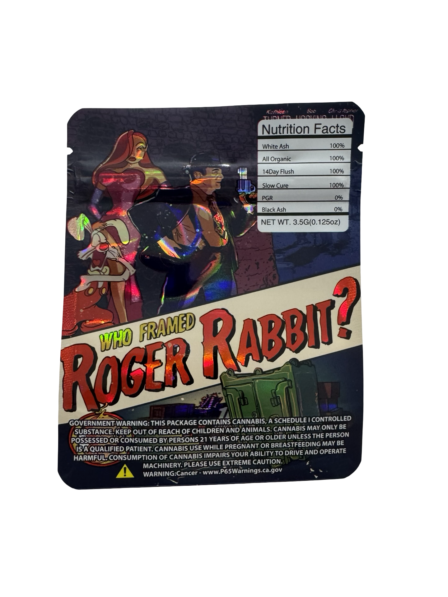 Rabbit 3.5g mylar bag, 4×5 in — Rolling Stone Exotics — back with zipper, tear notch