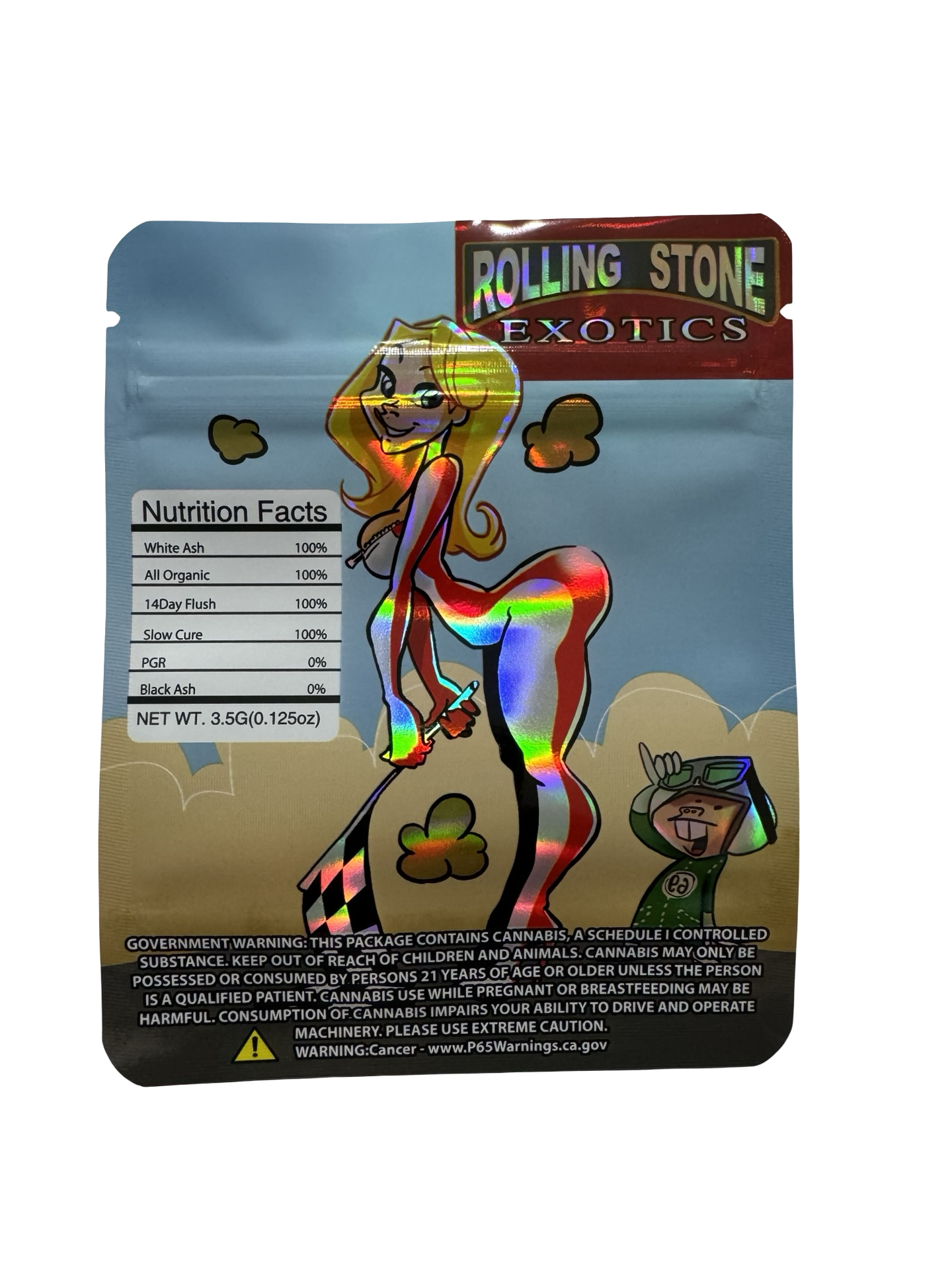 Race Girl 3.5g mylar bag, 4×5 in — Rolling Stone Exotics — back with zipper, tear notch