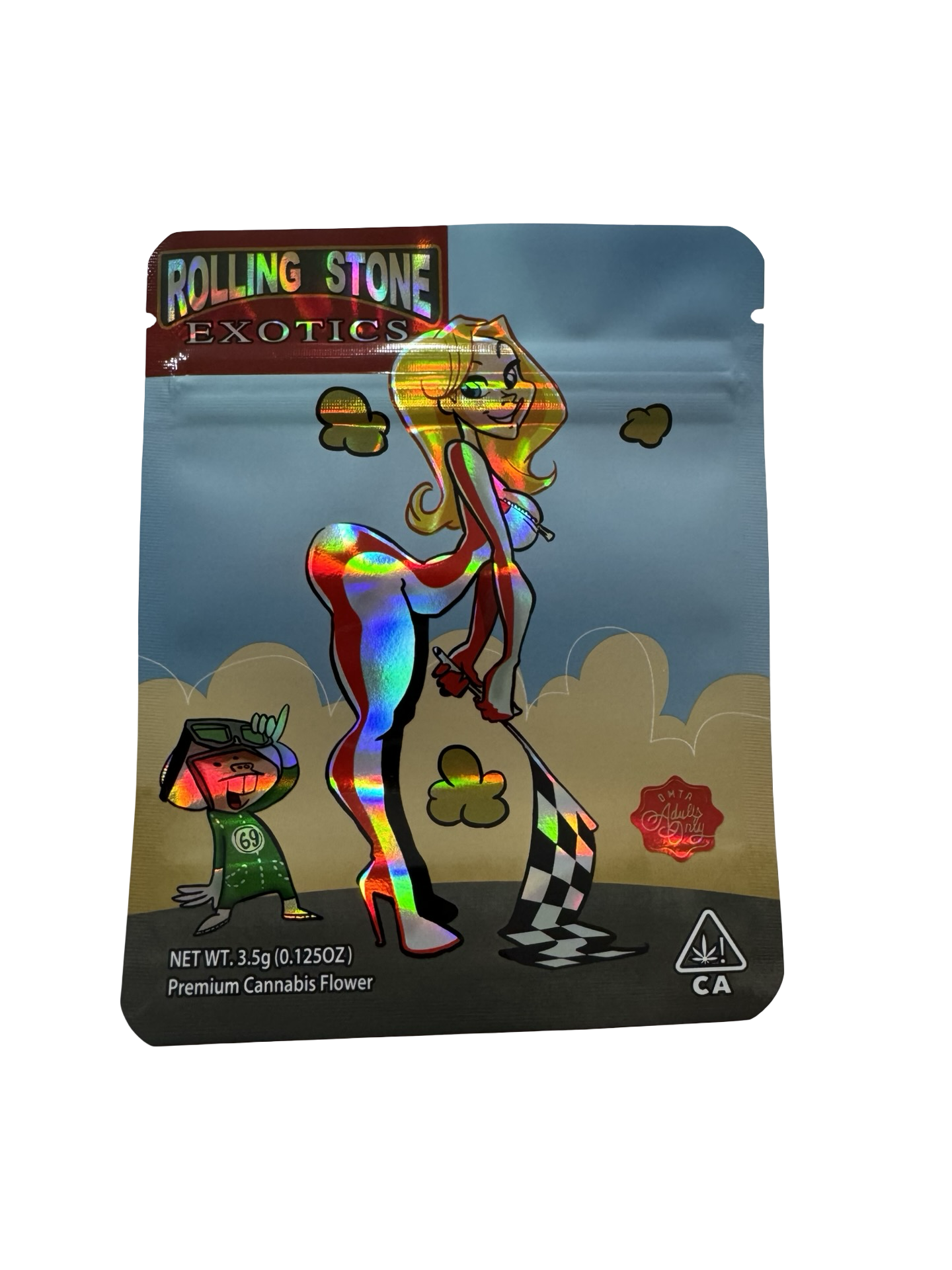 Race Girl 3.5g mylar bag, 4×5 in — Rolling Stone Exotics, holographic with spot-UV — front