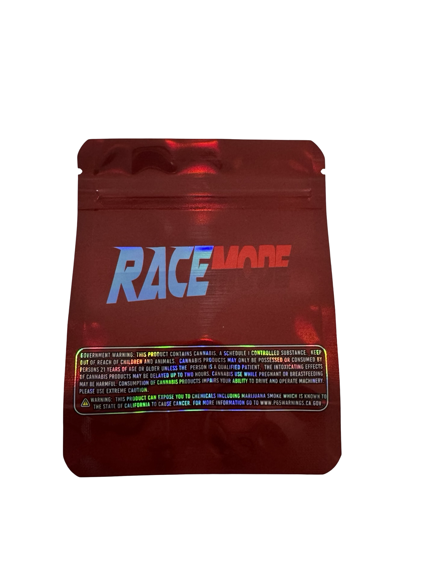 Red packaging with 'RACE' branding on a white background. 3.5g mylar bag, 4×5 in — back with zipper, tear notch
