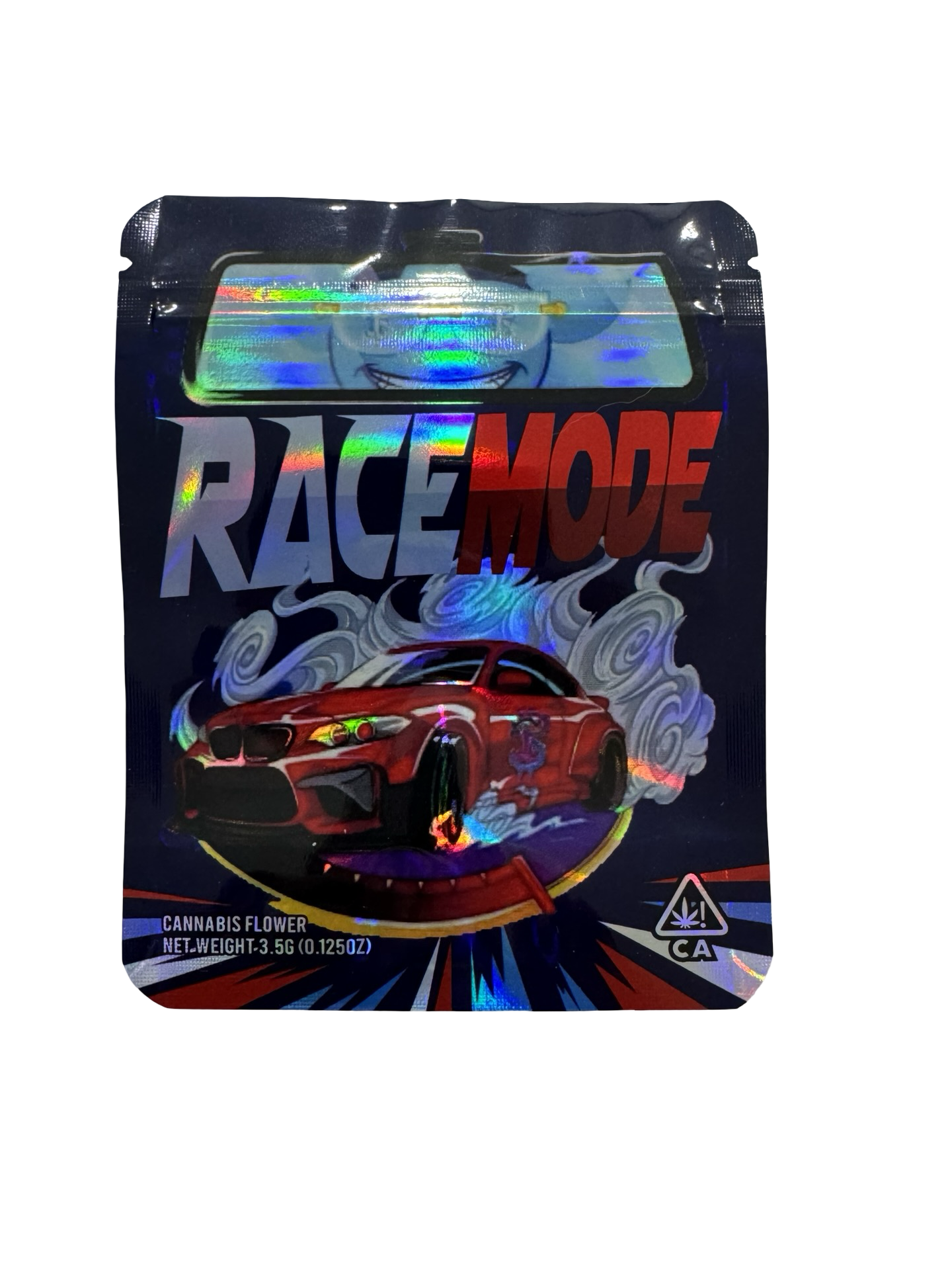 Packaged cannabis product with 'Race Mode' branding on a white background. 3.5g mylar bag, 4×5 in, holographic with spot-UV — front