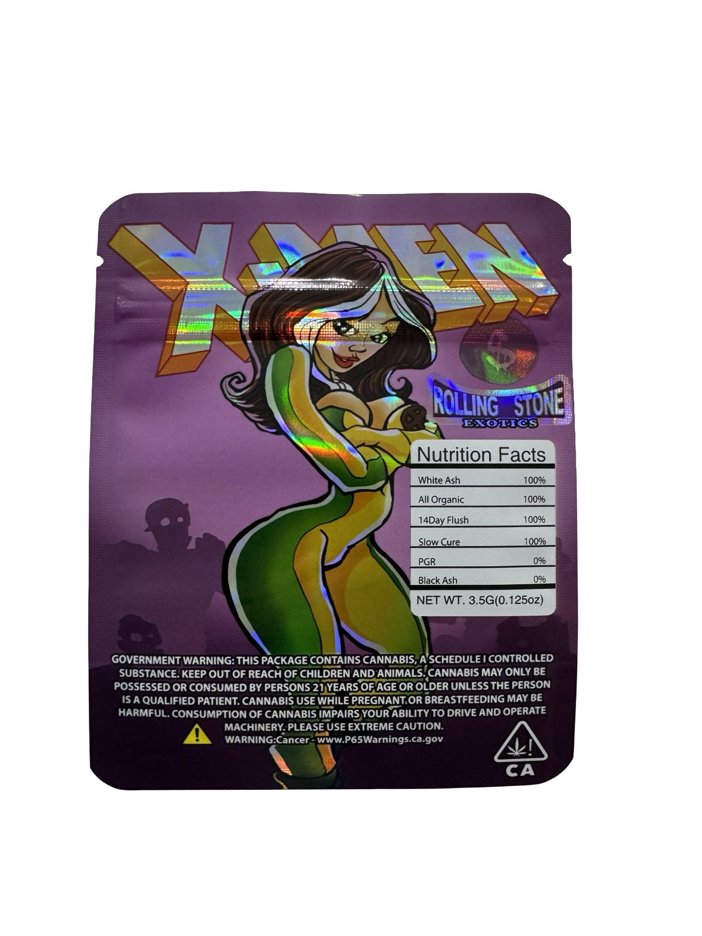 Rogue 3.5g mylar bag, 4×5 in — Rolling Stone Exotics — back with zipper, tear notch