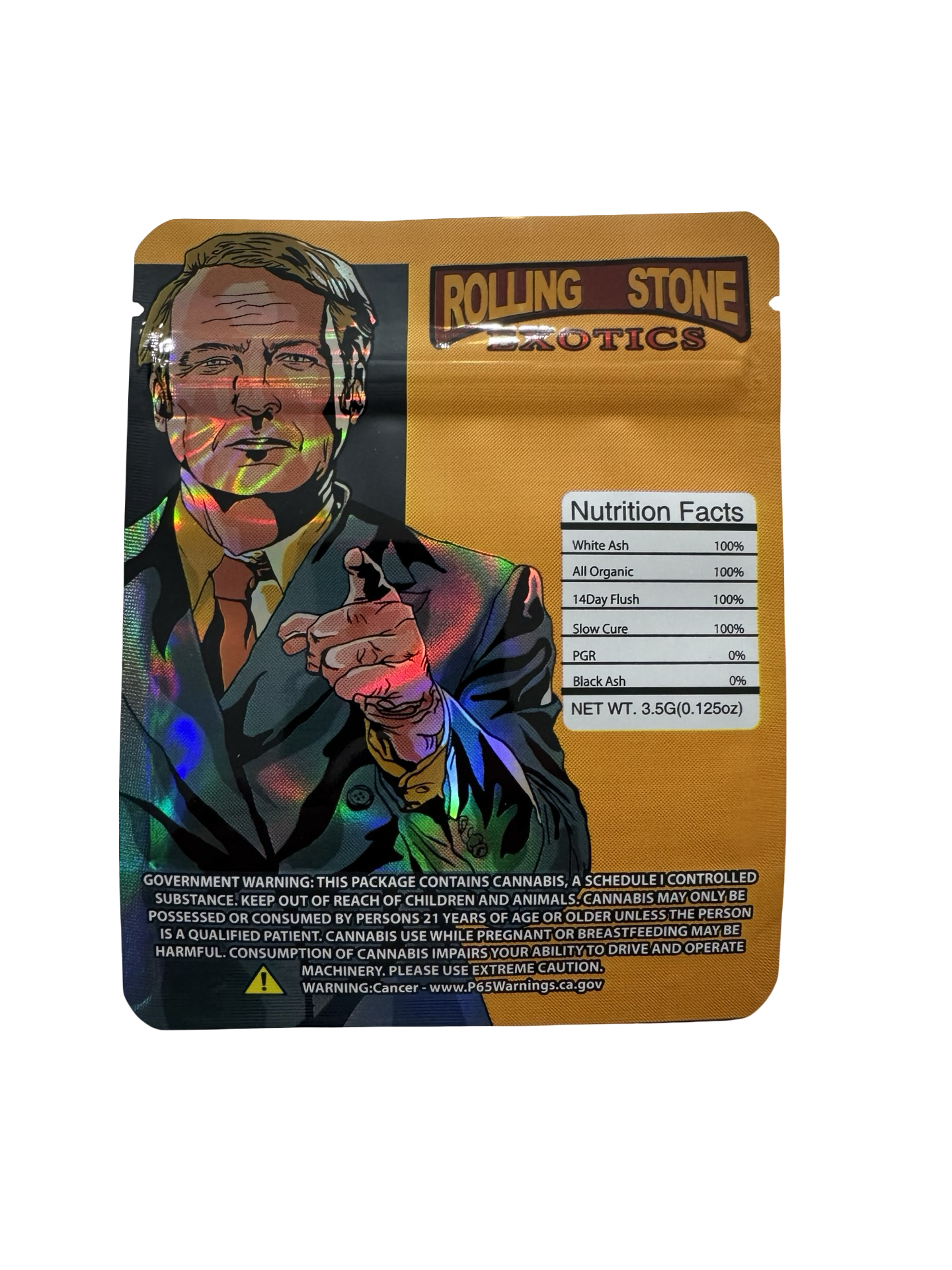 Saul 3.5g mylar bag, 4×5 in — Rolling Stone Exotics — back with zipper, tear notch