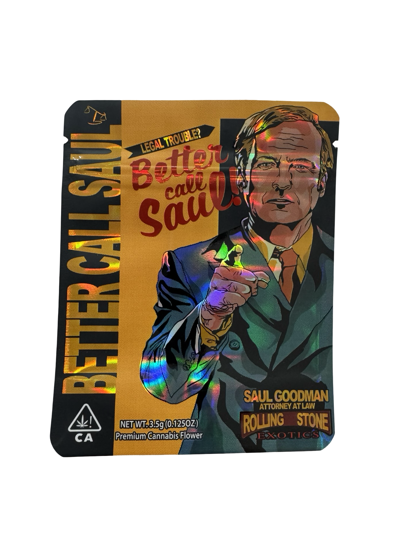 Saul 3.5g mylar bag, 4×5 in — Rolling Stone Exotics, holographic with spot-UV — front