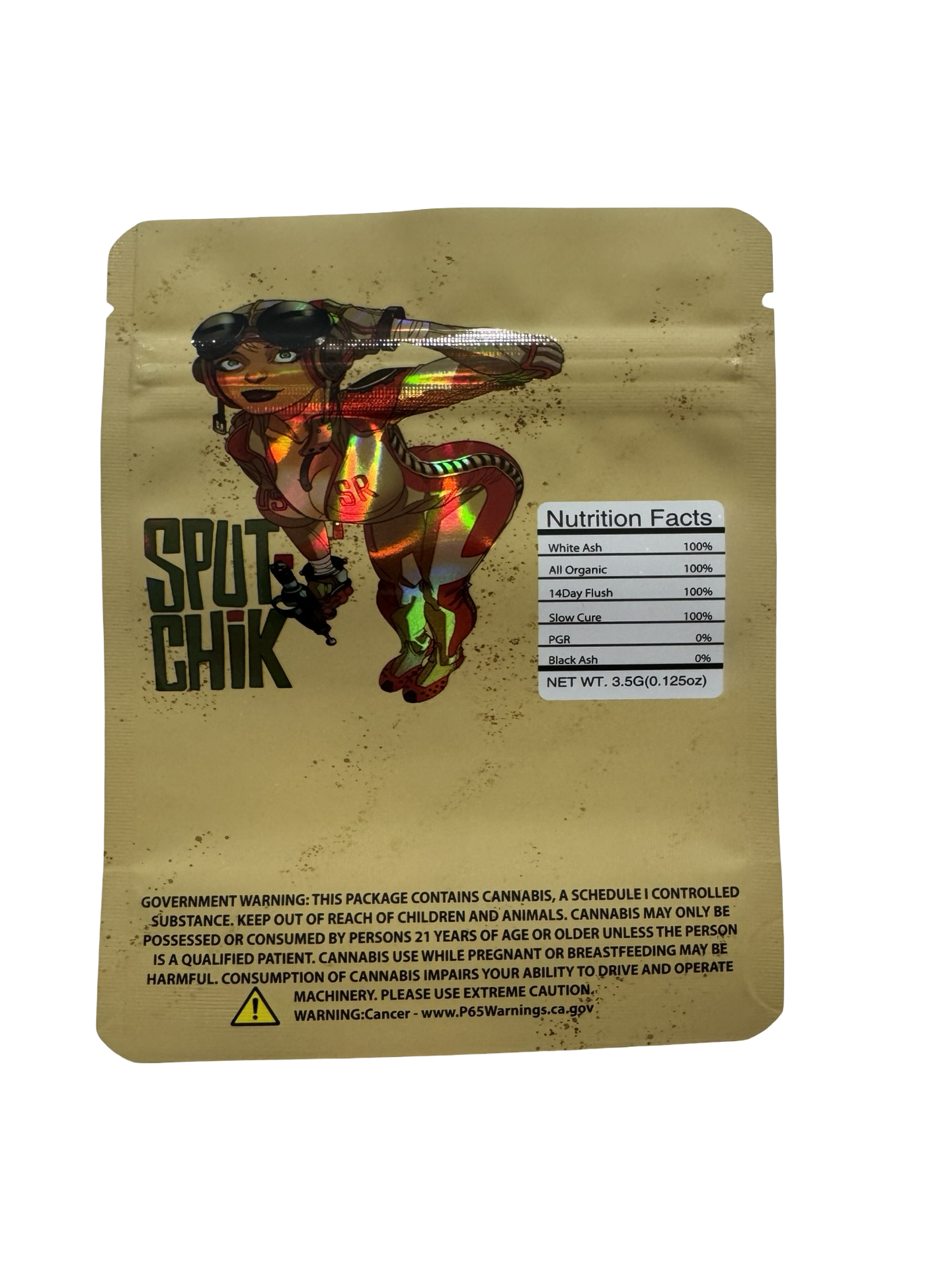 Sput Chik 3.5g mylar bag, 4×5 in — Rolling Stone Exotics — back with zipper, tear notch