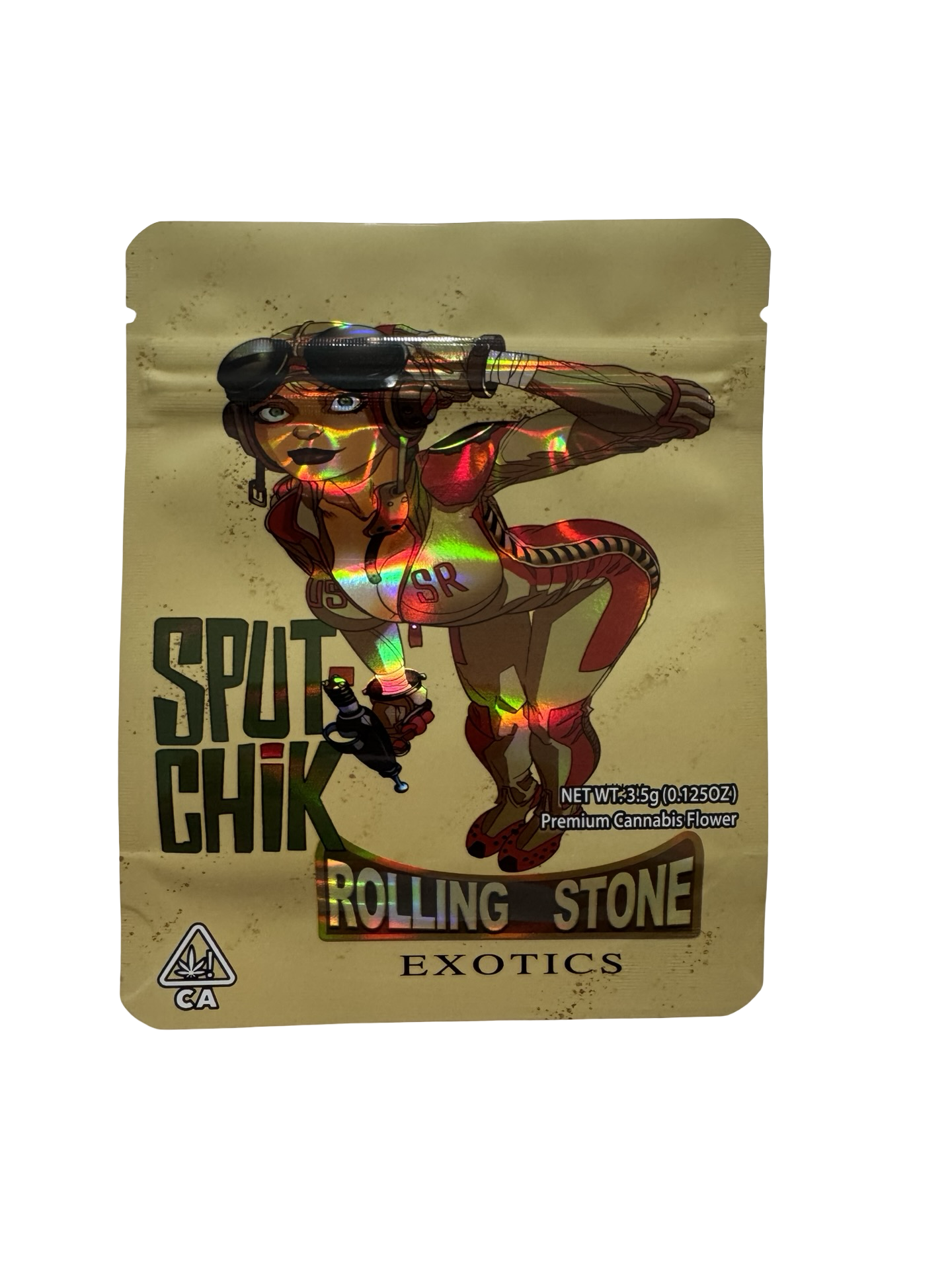 Sput Chik 3.5g mylar bag, 4×5 in — Rolling Stone Exotics, holographic with spot-UV — front