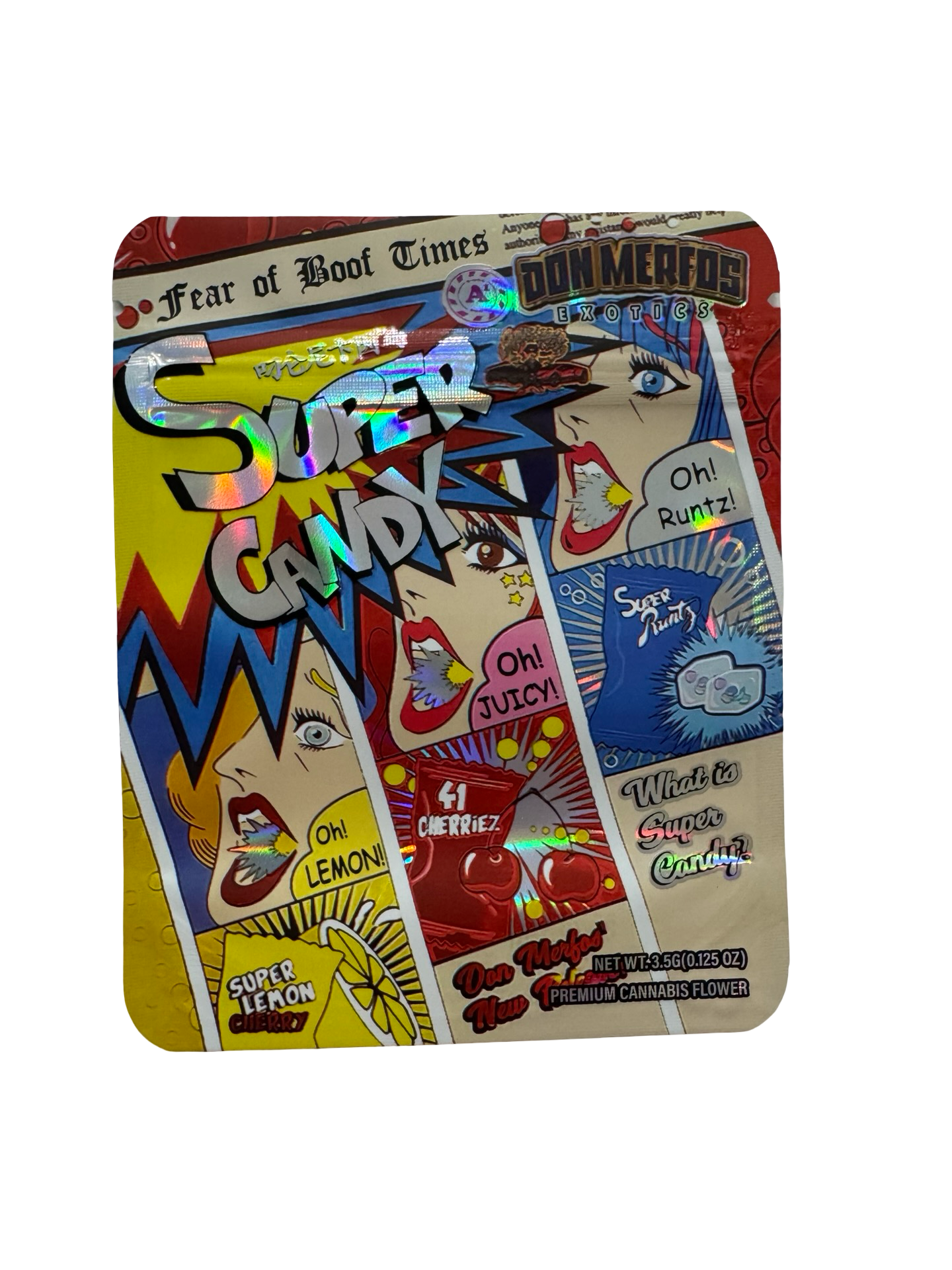 Super Candy 3.5g mylar bag, 4×5 in — Don Merfos, holographic + spot-UV, printed gusset — front