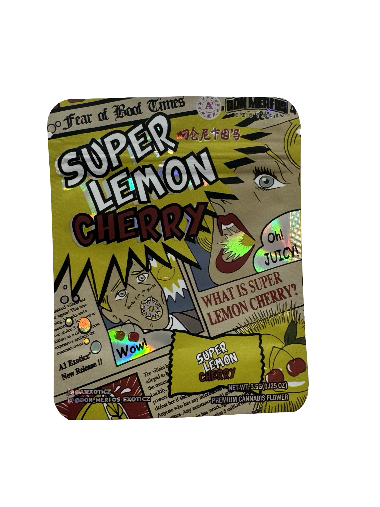 Super Lemon Cherry 3.5g mylar bag, 4×5 in — Don Merfos, holographic + spot-UV, printed gusset — front