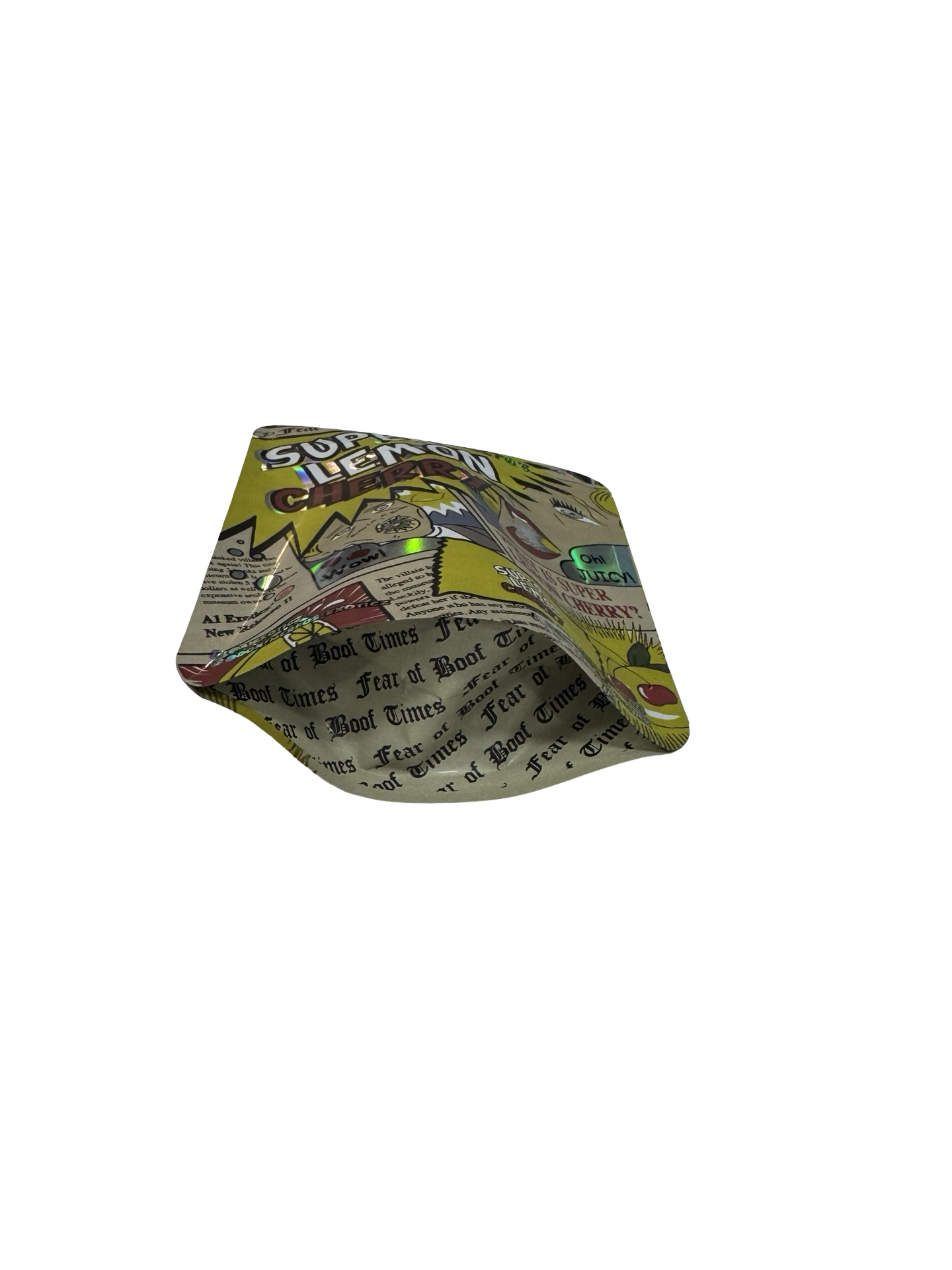 Super Lemon Cherry 3.5g mylar bag, 4×5 in — Don Merfos, printed gusset — side view