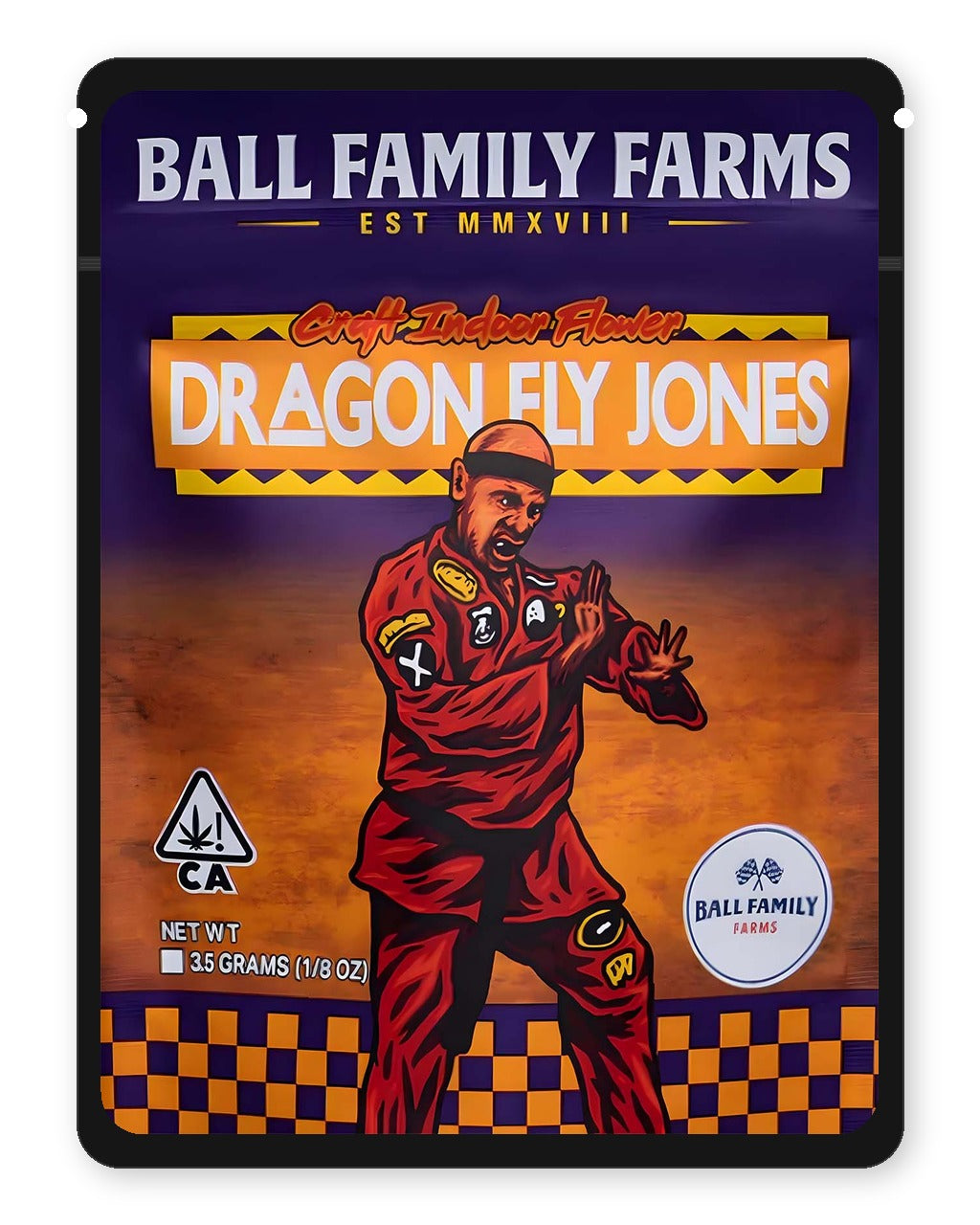 Dragon Fly Jones 3.5g Mylar Sticker Bags Ball Family Farms - Front Design