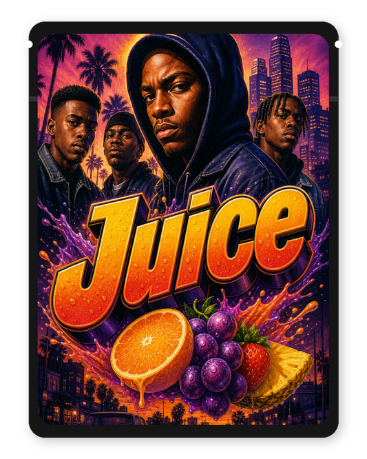 Juice custom mylar bag — front (black bag)