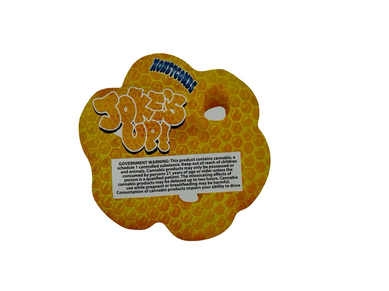 Honeycombs 3.5g mylar bag back design — Joke's Up honeycomb back panel detail