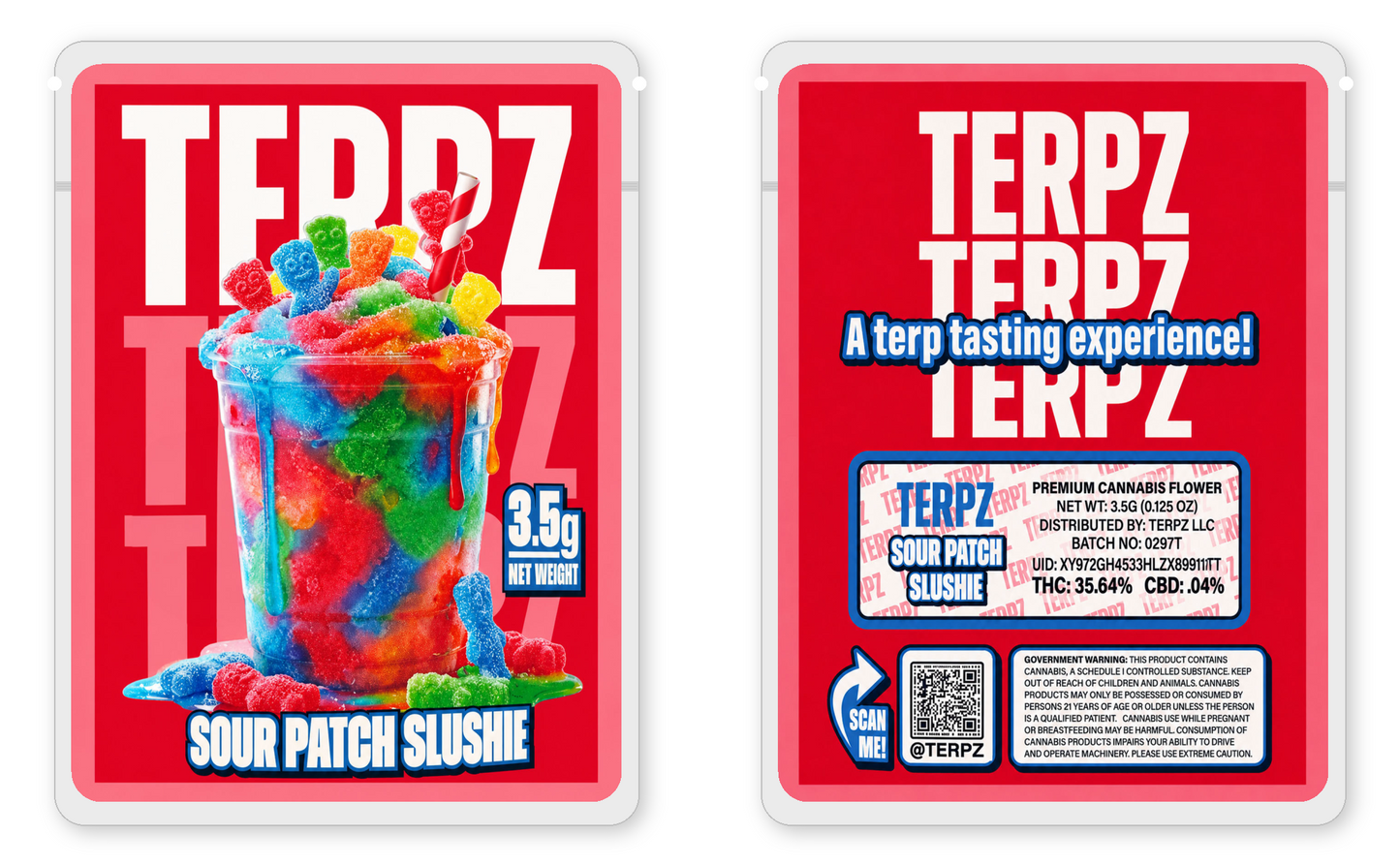 Sour Patch Slushie 3.5g mylar bags front and back views — Terpz child-proof sticker mylar bags
