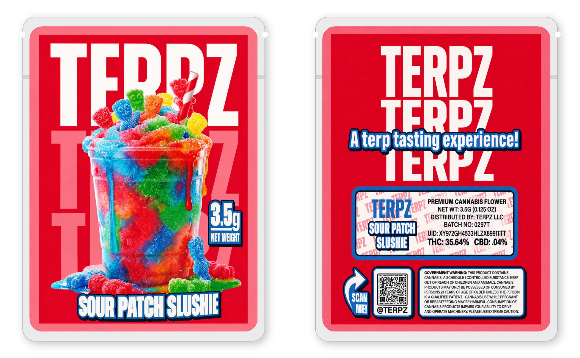 Sour Patch Slushie 3.5g mylar bags front and back views — Terpz child-proof sticker mylar bags