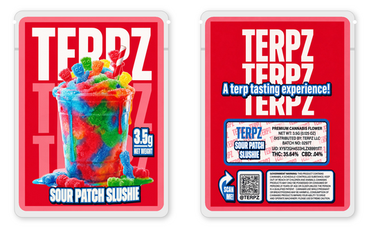 Sour Patch Slushie 3.5g mylar bags front and back views — Terpz child-proof sticker mylar bags